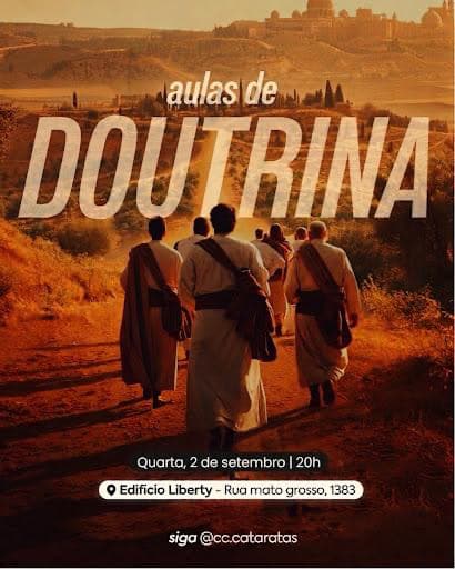 Participantes caminham por uma estrada em direção a uma cidade bíblica no cartaz das Aulas de Doutrina